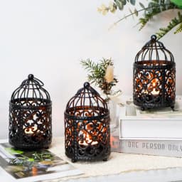 6 Pcs Bird cage Metal Small Candle Holder Candlesticks Hollow Hanging Lantern Creative European Home Party Wedding Decor(Black)
