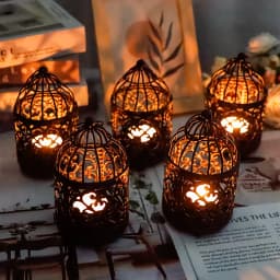 6 Pcs Bird cage Metal Small Candle Holder Candlesticks Hollow Hanging Lantern Creative European Home Party Wedding Decor(Black)