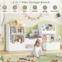Getone Toy Storage Unit, Children's Bookcase 183cm, Kid's Room Furniture with Bench, children's shelf with 3 Drawers 183.5X94.5X29.8 cm