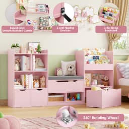 Getone Toy Storage Unit, Children's Bookcase 183cm, Kid's Room Furniture with Bench, children's shelf with 3 Drawers 183.5X94.5X29.8 cm