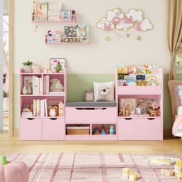 Getone Toy Storage Unit, Children's Bookcase 183cm, Kid's Room Furniture with Bench, children's shelf with 3 Drawers 183.5X94.5X29.8 cm