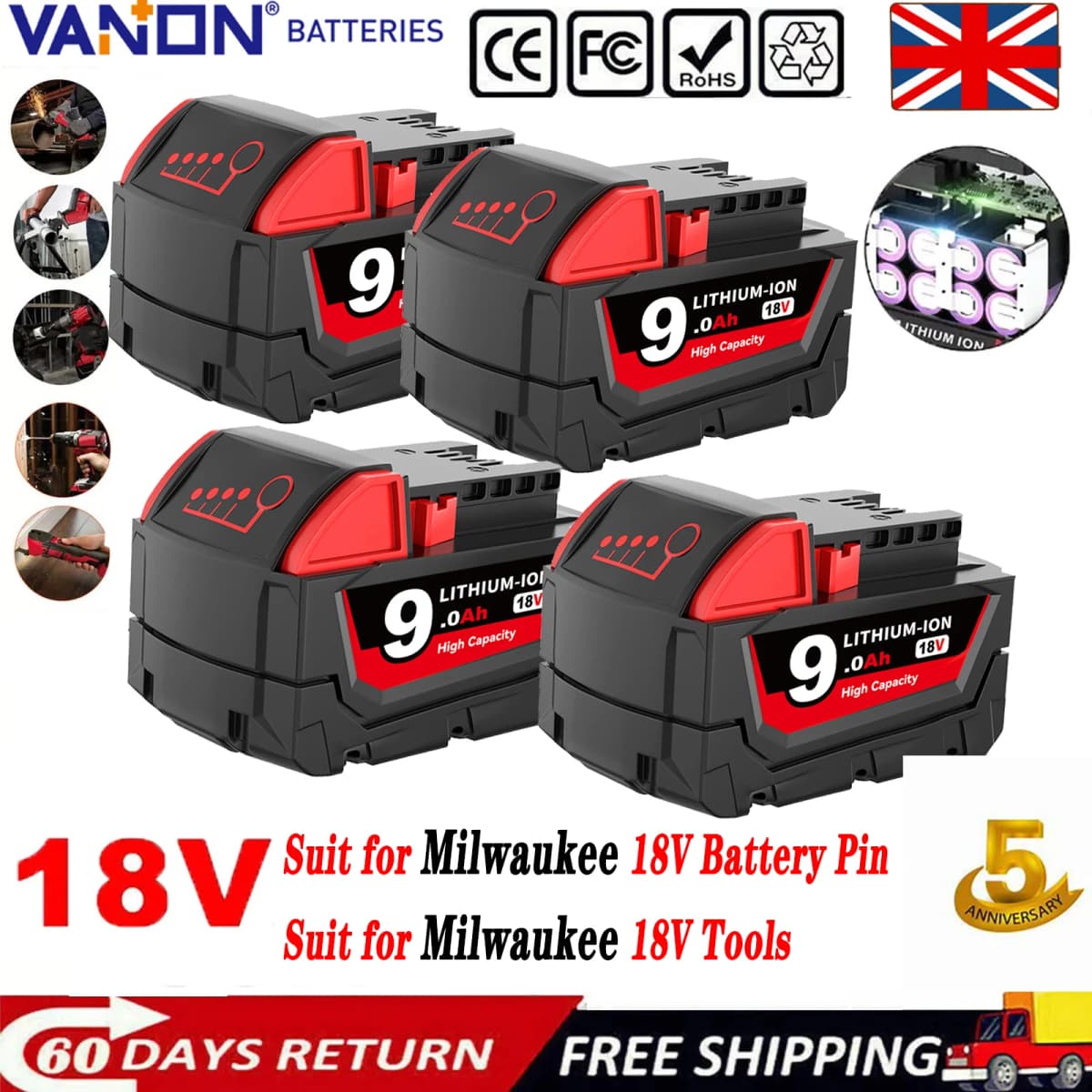 VANON 1/2/4 Pcs 9.0Ah Li-on Replace for Milwaukee 18V M18 Battery Pin,Suit for 18V Battery Tools&Charger 48-11-1850 48-11-1852