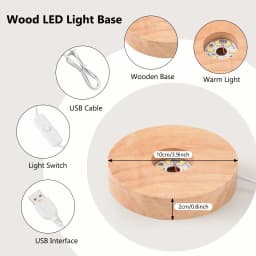 Wooden LED Light Base, 2 Pack Round LED Light Dispaly Base Plate Desktop Display Base Stand Ornament Powered by USB