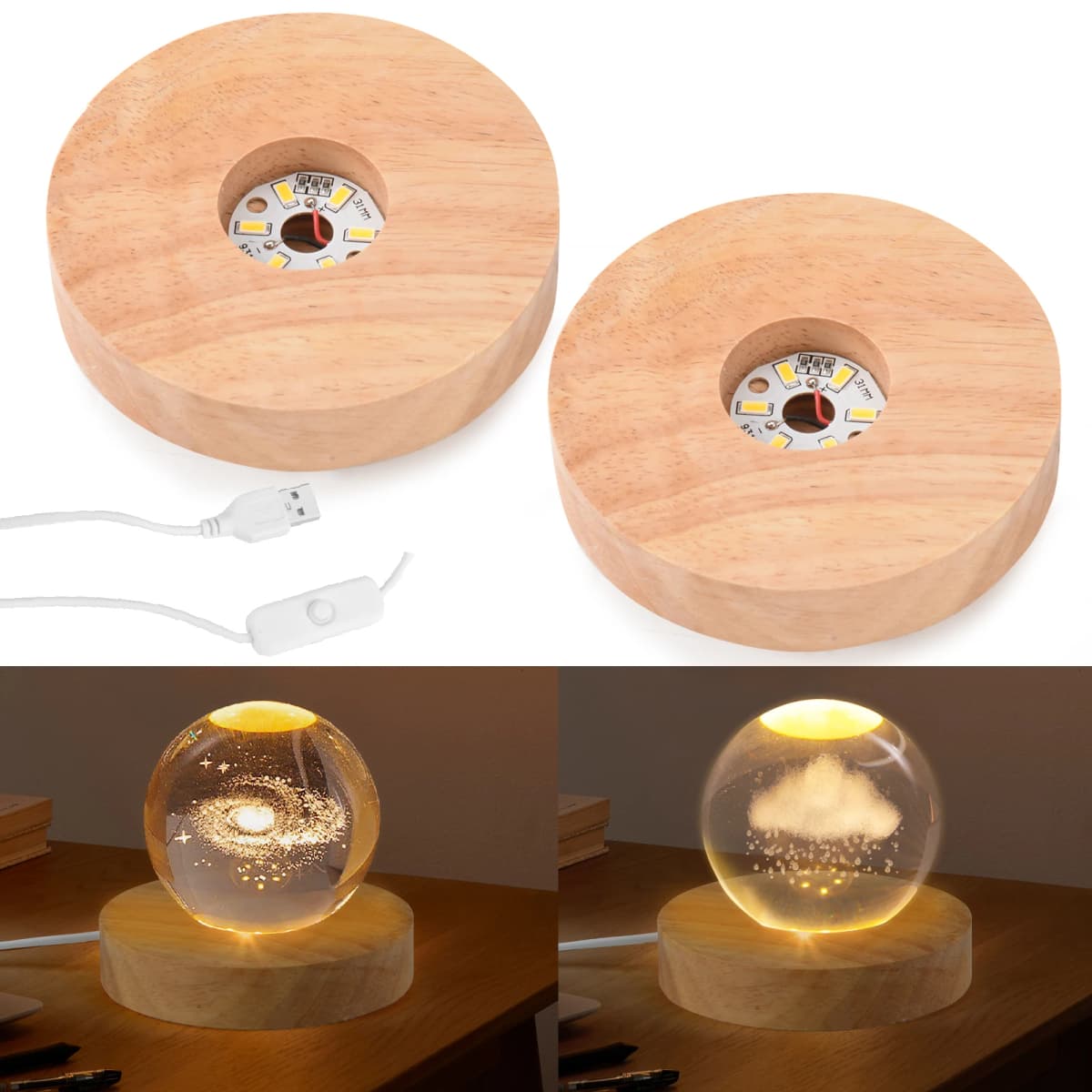 Wooden LED Light Base, 2 Pack Round LED Light Dispaly Base Plate Desktop Display Base Stand Ornament Powered by USB
