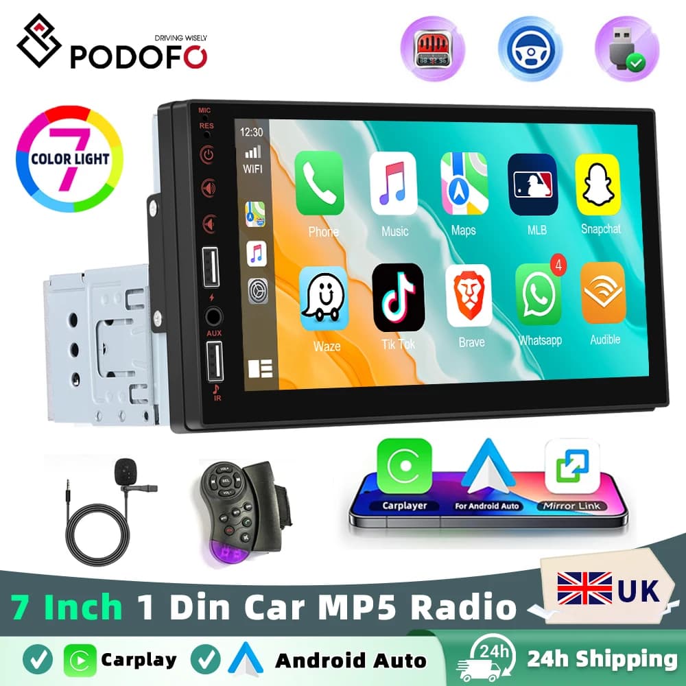 Podofo Wireless Carplay Android Auto Car MP5 Audio Stereo Mirror Link 7 Inch 1Din Multimedia Video Player BT USB FM RDS AUX
