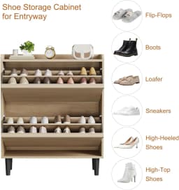 Shoe Cabinet with 2 Flip-Down Doors & Adjustable Shelf - Narrow Wooden Organizer for Entryway, Hallway Closet