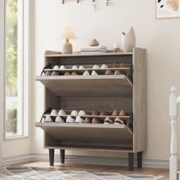 Shoe Cabinet with 2 Flip-Down Doors & Adjustable Shelf - Narrow Wooden Organizer for Entryway, Hallway Closet