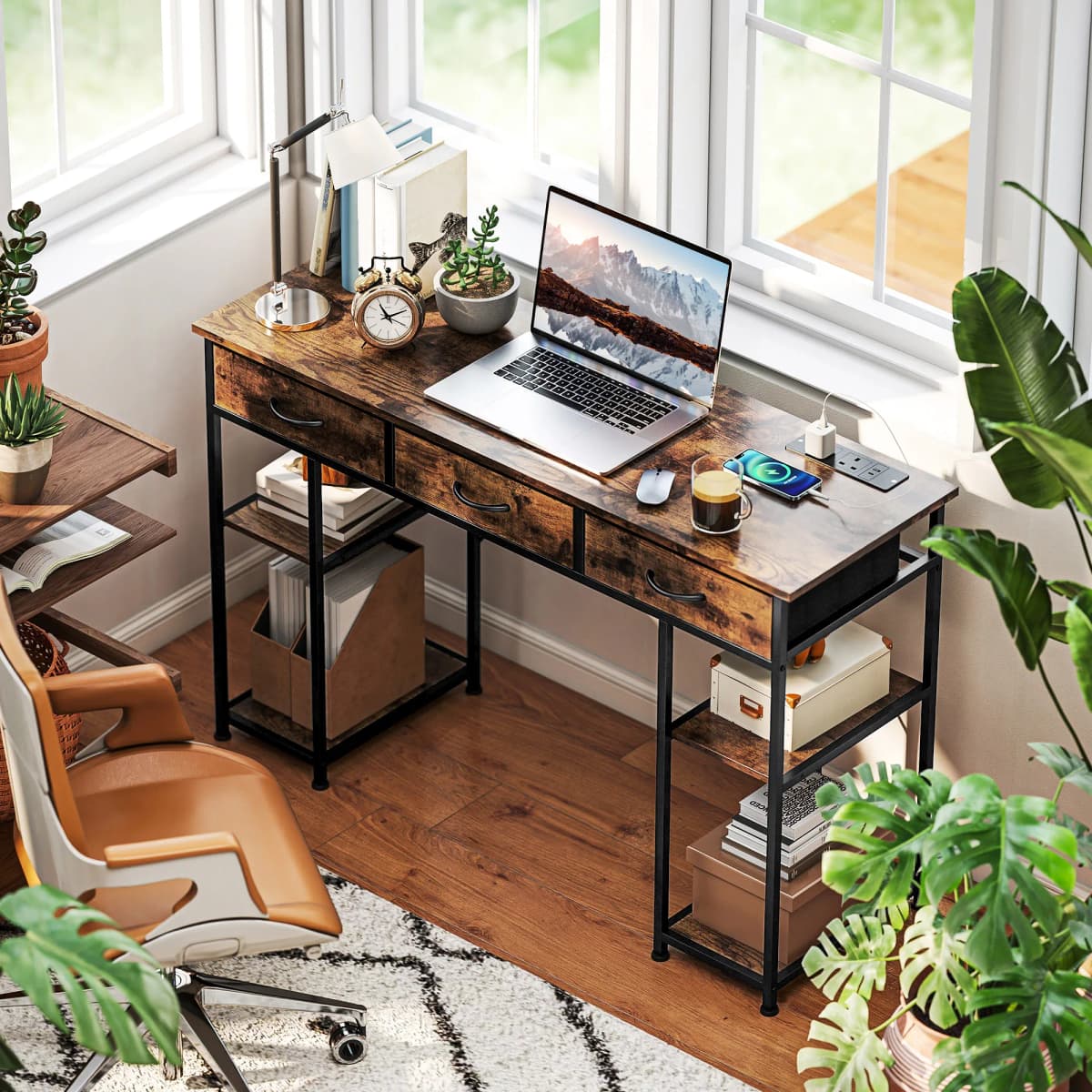 HOMCOM Computer Writing Desk with Power Outlets, Drawers, Shelves
