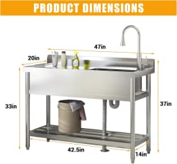 UK Stainless Steel Freestanding Utility Sink with 304 Stainless Faucet - Single Bowl Heavy Duty Kitchen Sink for Laundry Room, G
