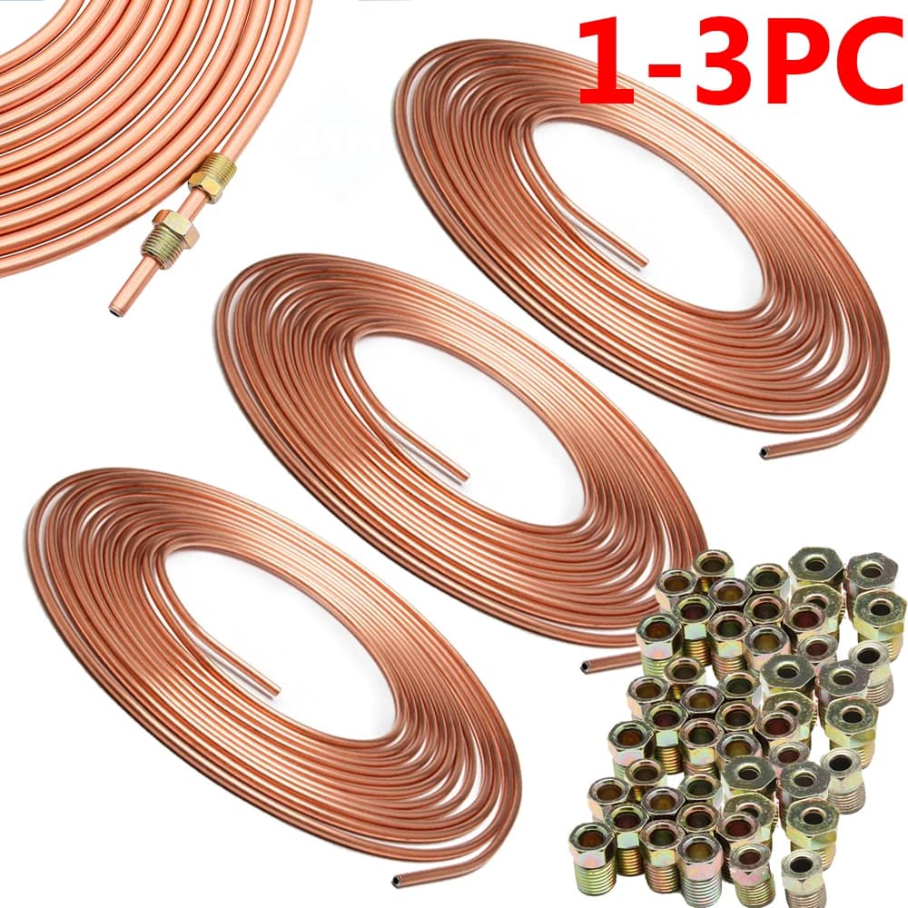 1-3PCS 25FT 7.6m Galvanized Copper Brake Pipe Hose Line Tube Roll 3/16" + Nuts Galvanized Copper Hose Line Piping