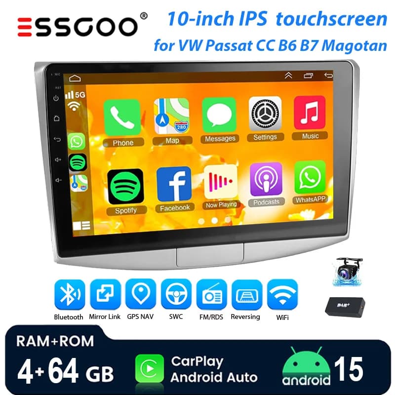 ESSGOO 10"Android 15 4+64G For VW Passat B6 B7 CC Magotan 2010-15 Car Stereo Wireless Carplay GPS Navi Bluetooth RDS WIFI Radio