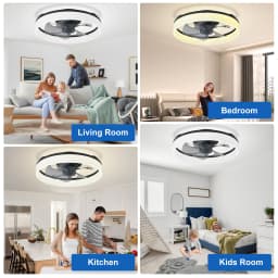 20" Modern Low Profile Flush Mount Fandelier - App & Remote Control, Dimmable Black Bladeless Ceiling Fan Light for Bedroom