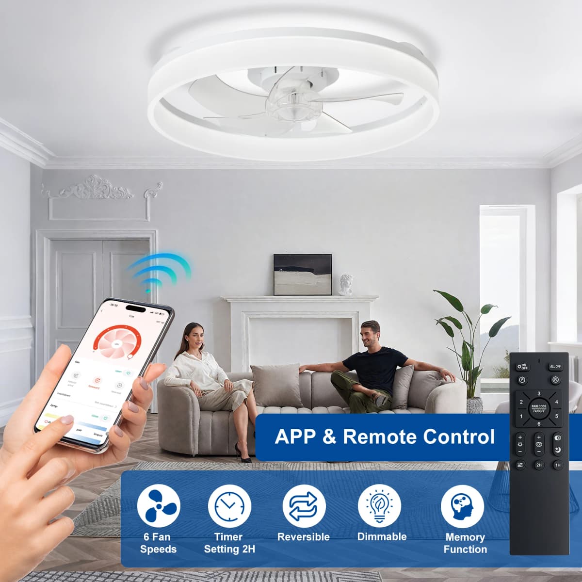 20" Modern Low Profile Flush Mount Fandelier - App & Remote Control, Dimmable Black Bladeless Ceiling Fan Light for Bedroom