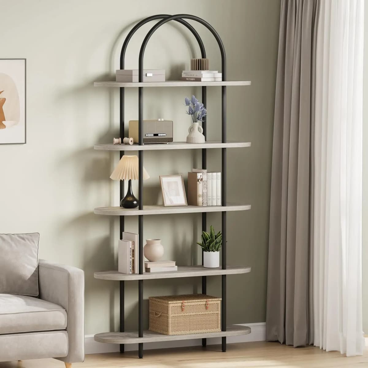 5-Tier Bookshelf, 71 Inch Tall Arched Bookcase, Metal Frame Modern Display Racks with Adjustable Feet, Freestanding