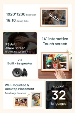 ARZOPA 14 Inch Digital Photo Frame Unlimited Free Cloud Storage WiFi IPS HD Touch Screen Remote Share Photo Videos Auto Rotation