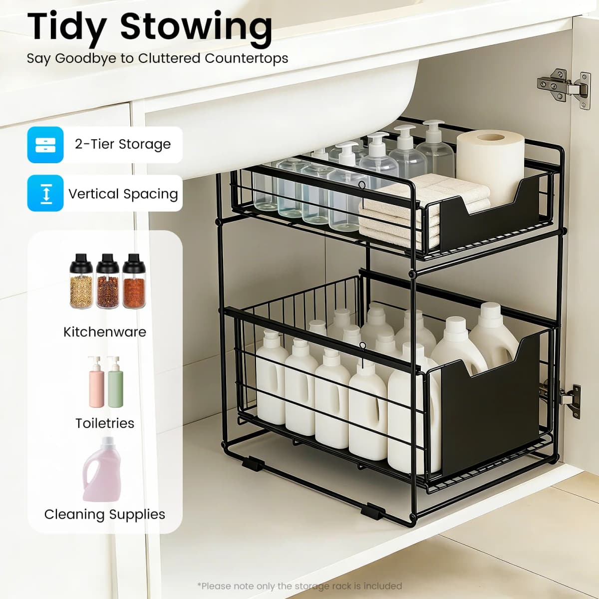2-Tier Pull-Out Cabinet Organizer, Under Sink Storage Rack , Adjustable Slide-Out Drawer for Kitchen & Bathroom