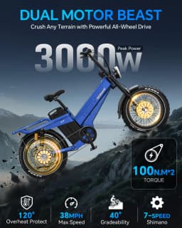 Tesway X7 AWD Electric Bike 52V 60Ah Battery 2000W Dual Motor Ebike 20x4.0'' Fat Tire Hydraulic Brakes E-Bike
