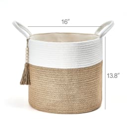 Woven Storage Basket Decorative Natural Rope Basket Wooden Bead Decoration for Blankets,Toys,Clothes,Shoes,Plant Organizer Bin