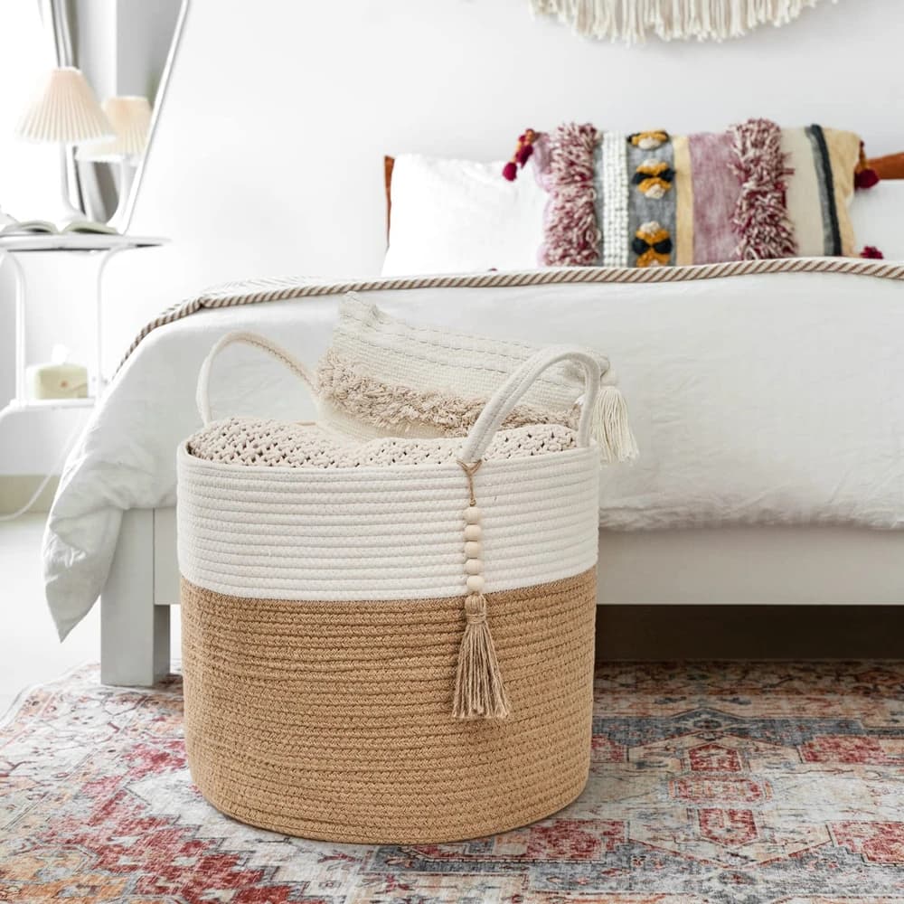 Woven Storage Basket Decorative Natural Rope Basket Wooden Bead Decoration for Blankets,Toys,Clothes,Shoes,Plant Organizer Bin