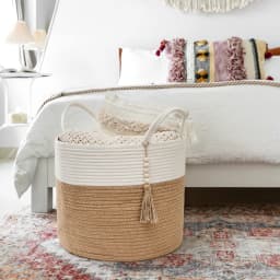 Woven Storage Basket Decorative Natural Rope Basket Wooden Bead Decoration for Blankets,Toys,Clothes,Shoes,Plant Organizer Bin