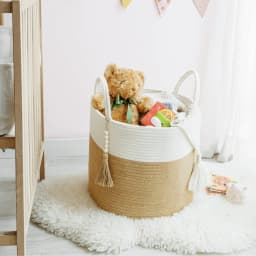 Woven Storage Basket Decorative Natural Rope Basket Wooden Bead Decoration for Blankets,Toys,Clothes,Shoes,Plant Organizer Bin