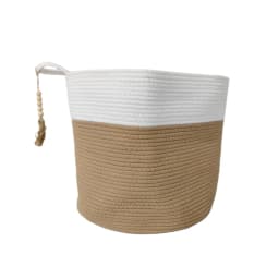 Woven Storage Basket Decorative Natural Rope Basket Wooden Bead Decoration for Blankets,Toys,Clothes,Shoes,Plant Organizer Bin