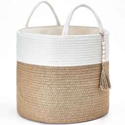 Woven Storage Basket Decorative Natural Rope Basket Wooden Bead Decoration for Blankets,Toys,Clothes,Shoes,Plant Organizer Bin