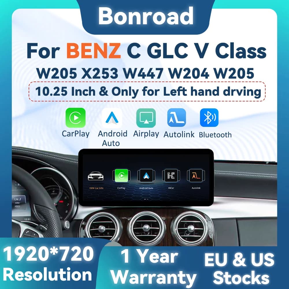 BONROAD 10.25 inch 1920*720 Linux Touch Screen Car Multimedia Wireless CarPlay Android Auto Airplay Autolink Mirroring Radio GPS For Mercedes Benz C GLC V Class W204 W205 NTG 4.0 4.5 5.0 Navigation Car Stereo Display