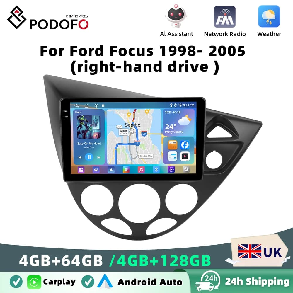 Podofo For Ford Focus1998- 2005 Car Radio 4GB+64GB Wireless Carplay Android Auto Multimedia Video Player Mirror Link 9 Inch