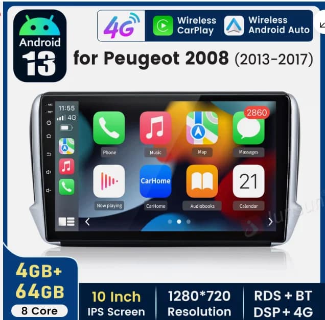 Android 15 car navigation 10 inches built-in Carplay + Android auto/2 + 64G+AHD camera+microphone For Peugeot 208/2008 2012-2018