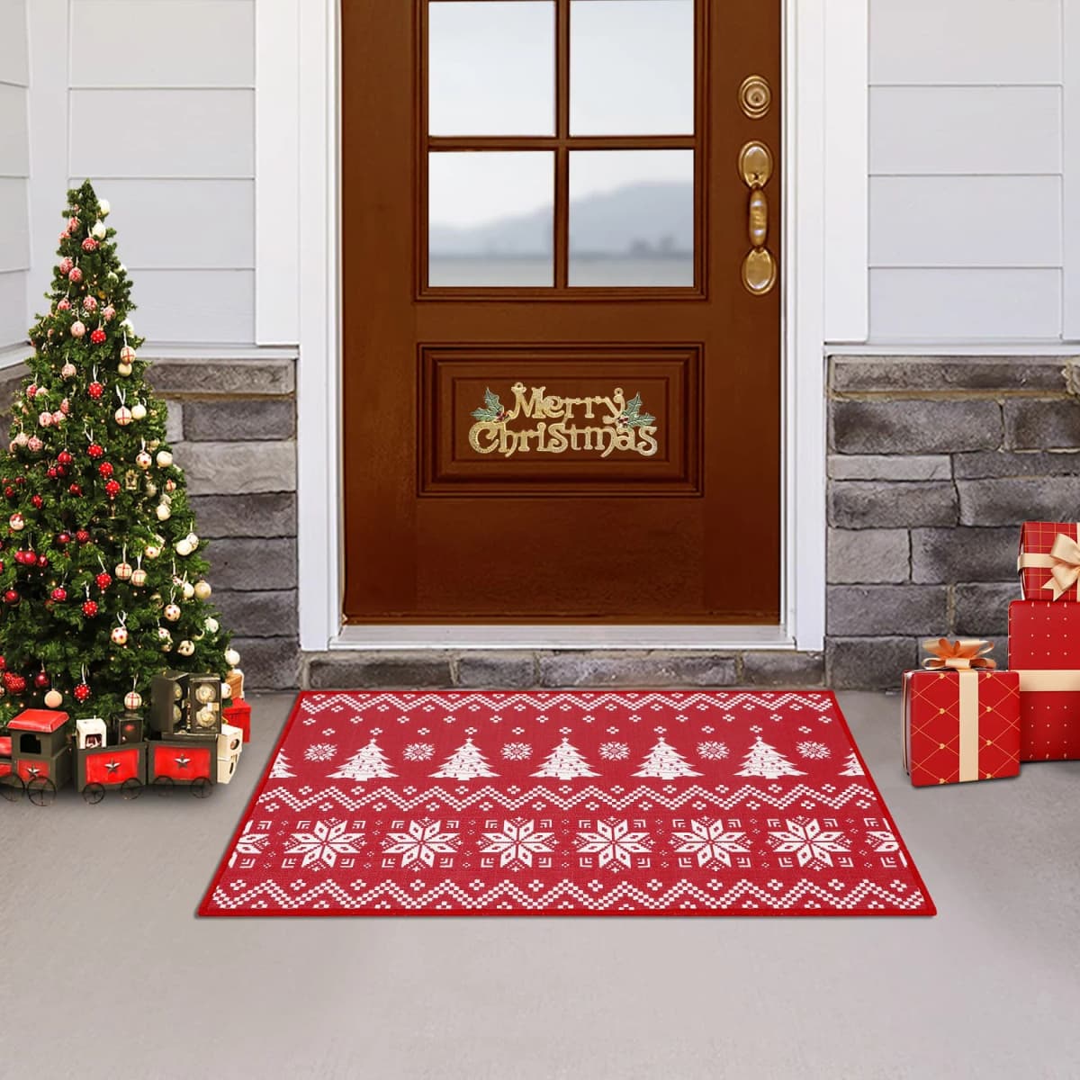 Boho Style Christmas Doormat Non Slip Door Mat Welcome Floor Rug for Home Indoor Entrance Front Door Xmas Holiday Decoration