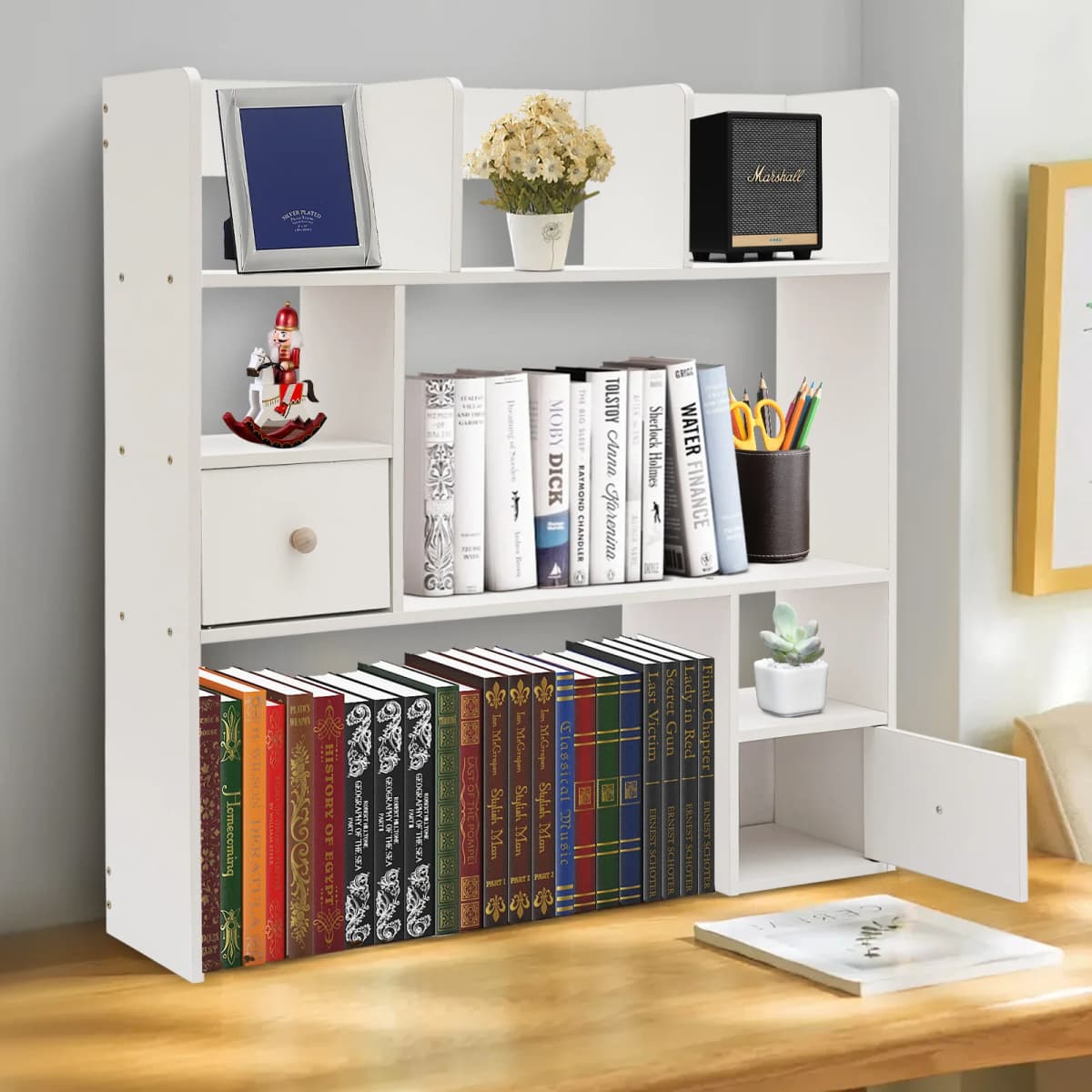 Desk Organizer with Drawers Desk Shelf with Drawers Tabletop Hutch with Storage Table Bookshelf for Home Office Dorm Wood White