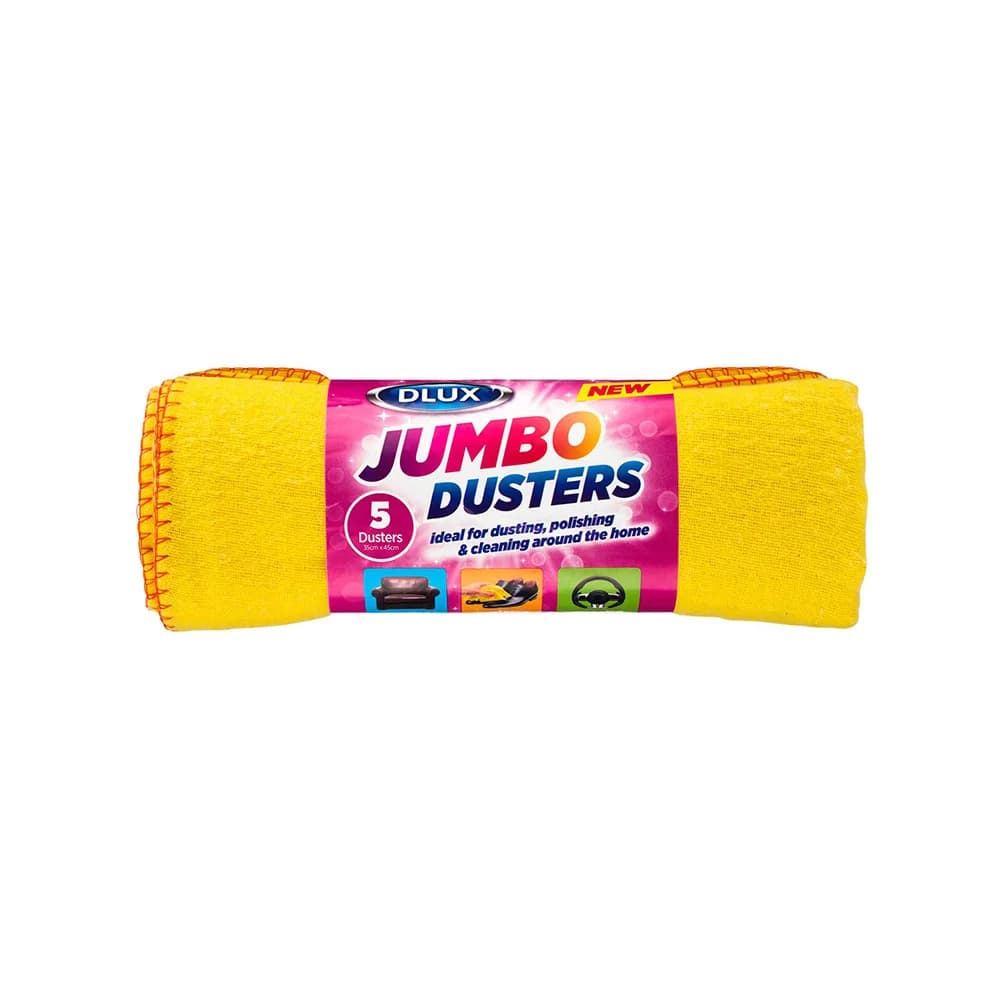 Dlux Jumbo Duster 5 Pack, Soft Yellow Cleaning Cloths 35x45cm for Dusting, Polishing and Household Use