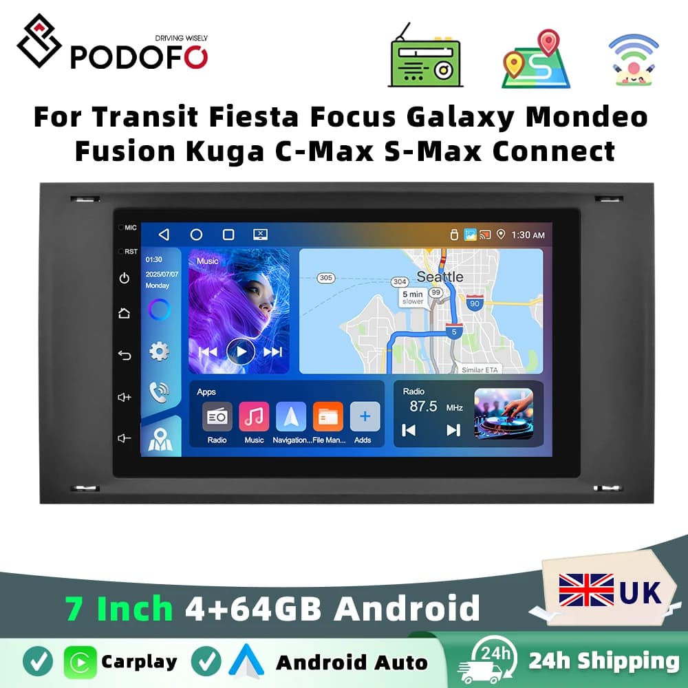 Podofo 4GB 64GB Carplay Android Auto Car Radio 7 Inch For Transit Fiesta Focus Galaxy Mondeo Fusion Kuga C-Max S-Max Connect