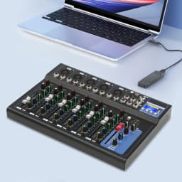 7-Channel Professional Stereo Mixer Digital USB Computer Jack 3-Band Equalizer 6 Music Modes 48V Phantom Power Stereo DJ Mixer