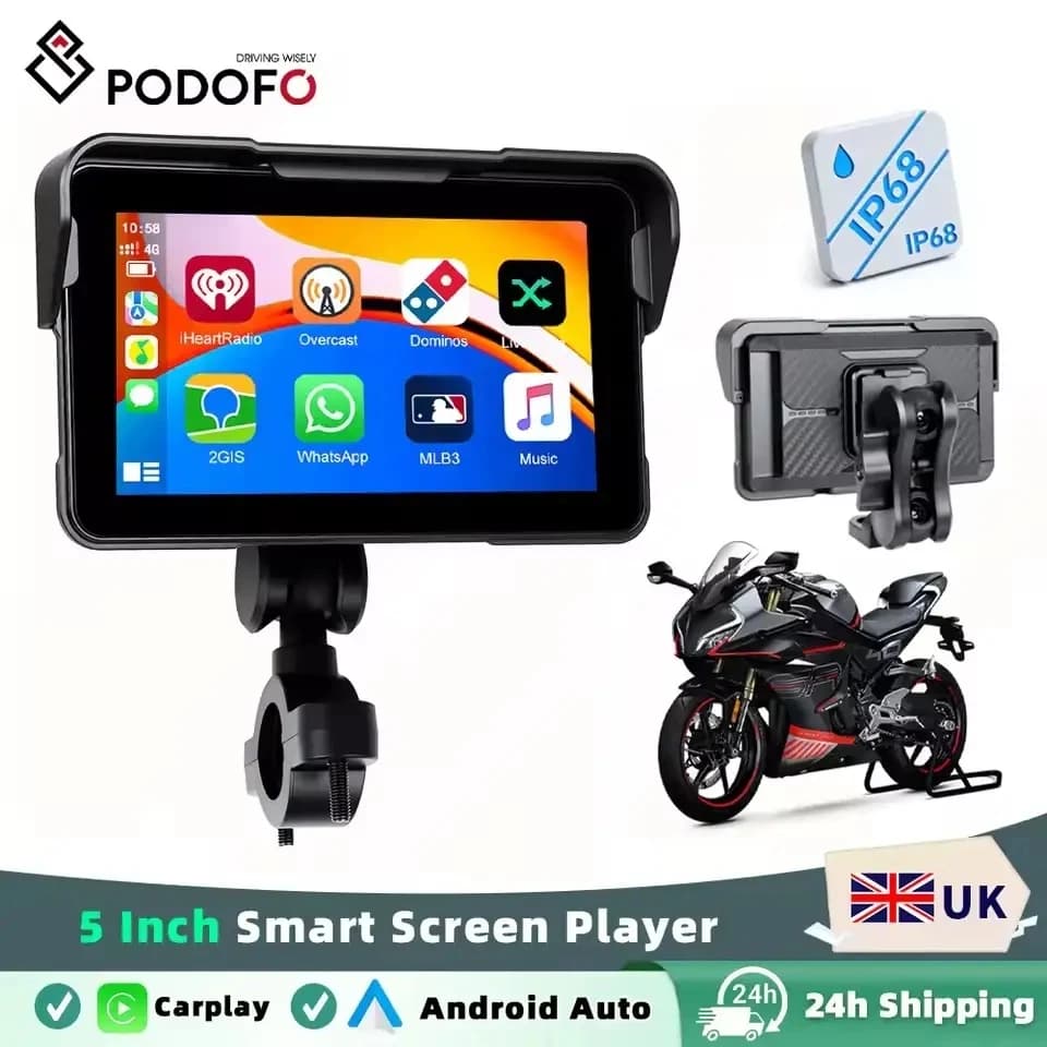 Podofo Wireless Carplay Android Auto Portable Digital Motorcycle Dashboard 5 Inch Universal Smart Player IP68 Waterproof BT FM