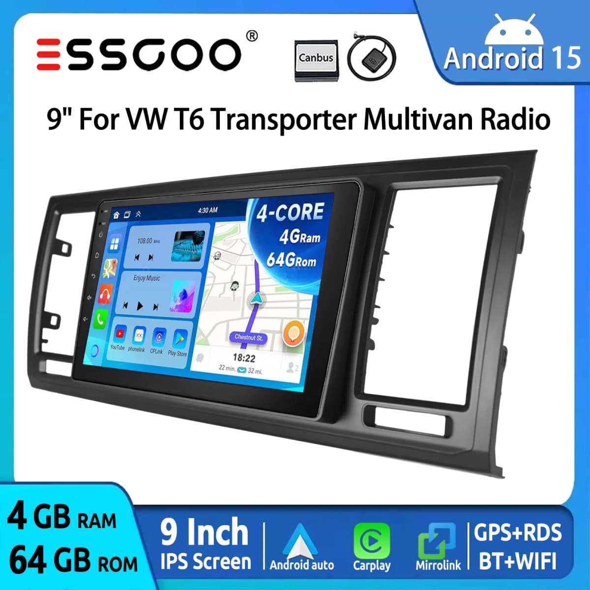 9" Android15 64G Car Stereo Radio For VW T6 Transporter Multivan Wrieless CarPlay Android Auto GPS NAV WIFI RDS FM Bluetooth SWC