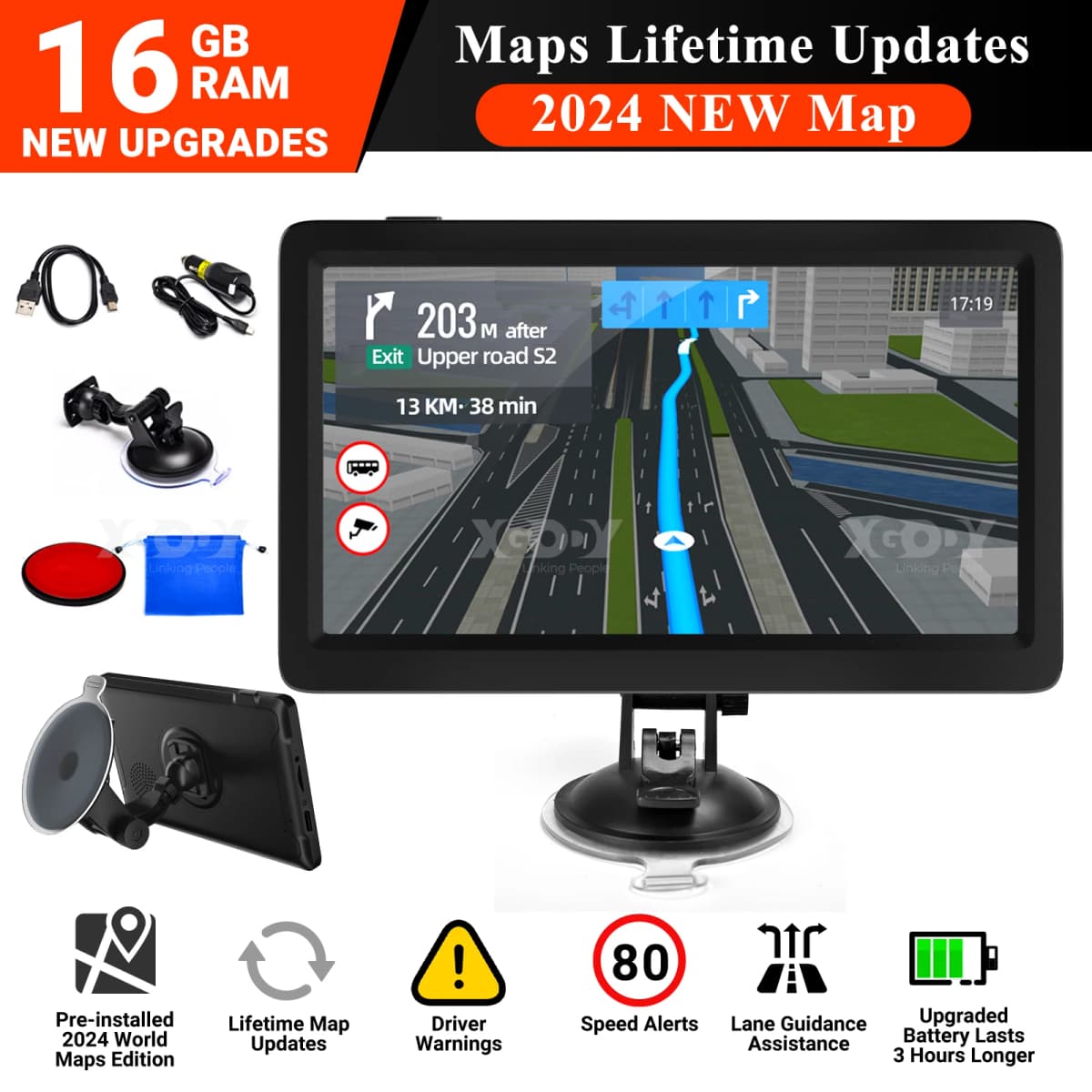 XGODY 9'' inch 16G Car Auto Navigation UK/EU MAP TouchScreen for trucks, cars, buses, GPS navigation POI