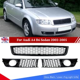 For 2002-2005 Audi A4 B6 Front Lower Grille+Fog Light Grill Honeycomb Style 3Pcs