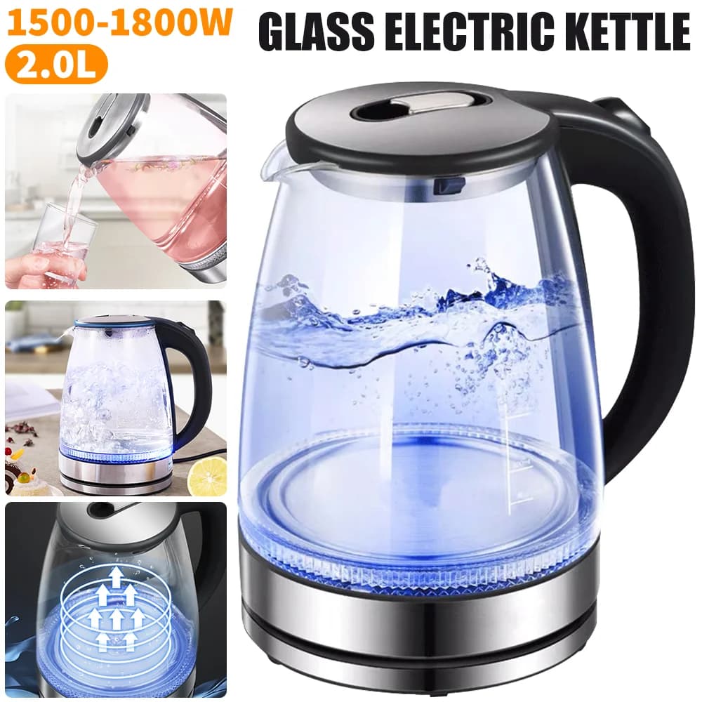 2L Electric Kettle Glass 360 Blue LED Illuminated Large Jug Auto Shut Off 1800W