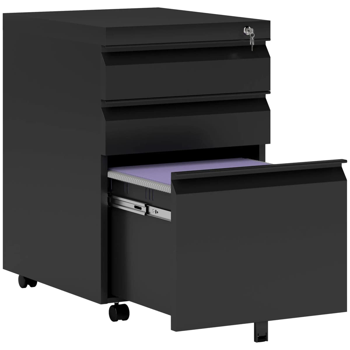 Vinsetto 3 Drawer File Cabinet, Lockable Metal Filling Cabinet, Black