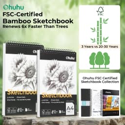 Ohuhu Bamboo Fiber Sketch Book Tear Resistant Drawing Paper Top Spiral Bound Sketch Pad Acid Free Art Drawing Painting Paper