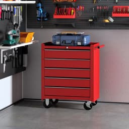 HOMCOM Tool Trolley with 5 Drawers Steel Tool Chest on Wheels with Handle Red