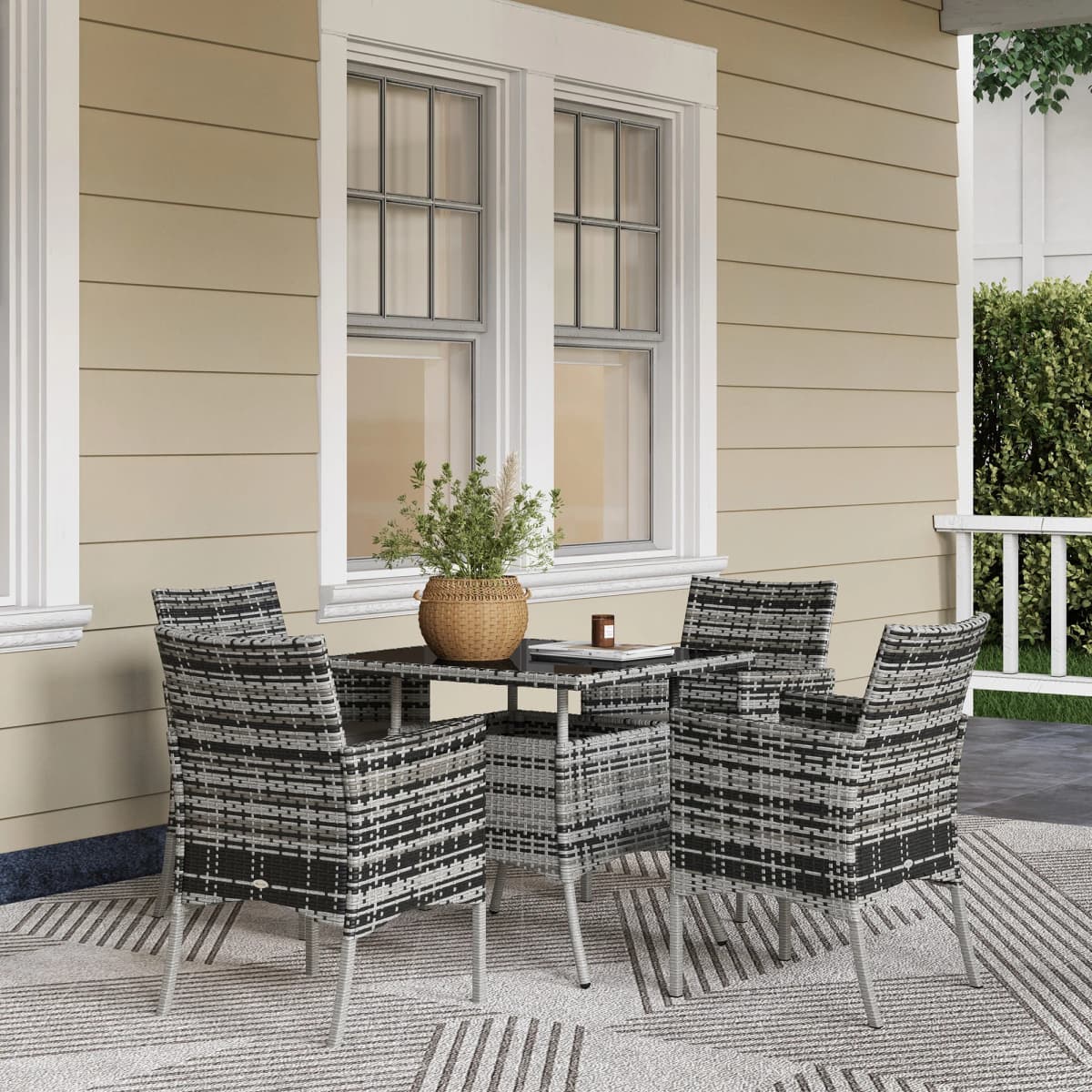 Outsunny 4 Seater Rattan Set with Cushions, PE Rattan Garden Furniture Set, Glass Top Table, Outdoor Table and Chairs
