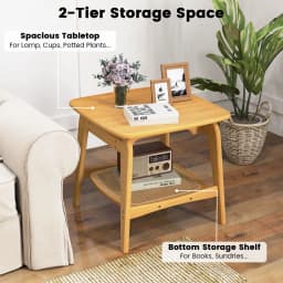 GOFLAME Side Table Bamboo Sofa Side Table w/Faux Rattan Storage Shelf-Natural