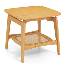 GOFLAME Side Table Bamboo Sofa Side Table w/Faux Rattan Storage Shelf-Natural