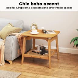 GOFLAME Side Table Bamboo Sofa Side Table w/Faux Rattan Storage Shelf-Natural