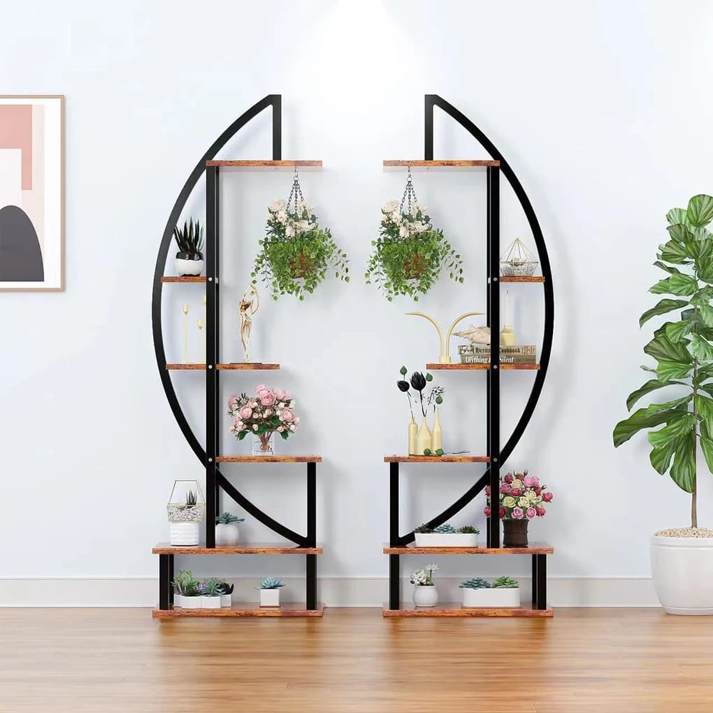 【Lifeideas】2 Pcs Rustic Brown Crescent Wood Tiered Plant Stand