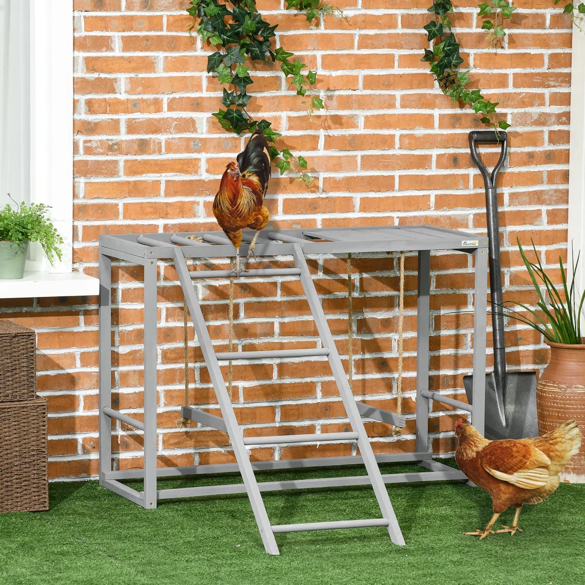 PawHut Chicken Activity Play Chicken Coop with Swing Set for 3-4 Chickens, Grey