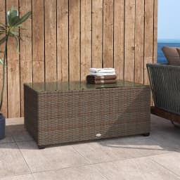 Outsunny Outdoor Coffee Table, PE Rattan Side Table with Tempered Glass Top, Wicker Square Garden Coffee Table End Table
